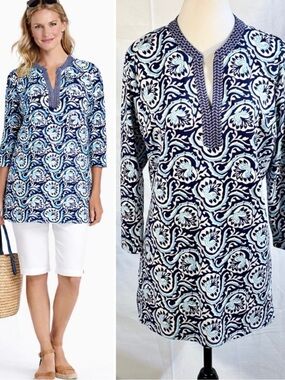 J.McLaughlin Boca Catalina Cloth Navy Aqua Paisley Tunic Top Sz L🧡